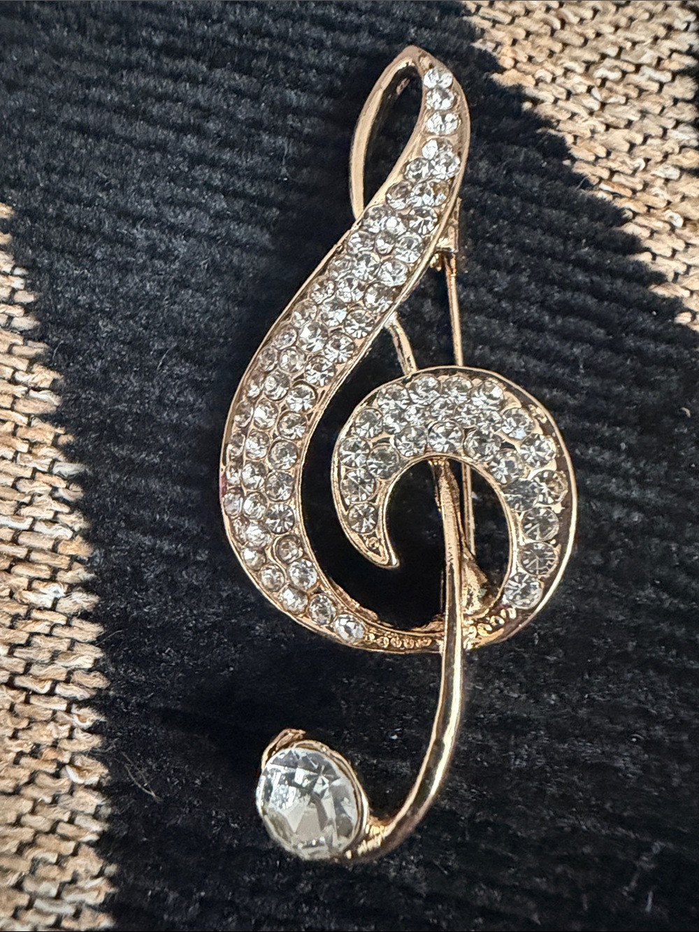 Crystal Rhinestone Treble Clef Brooch - Gold Tone Music Vintage Inspired NWOT